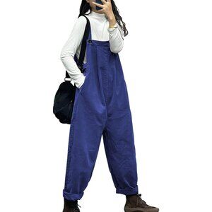 Overalls Women Plus Size Loose Fit Jumpsuits Adjustable Waist Cotton Romper Blue